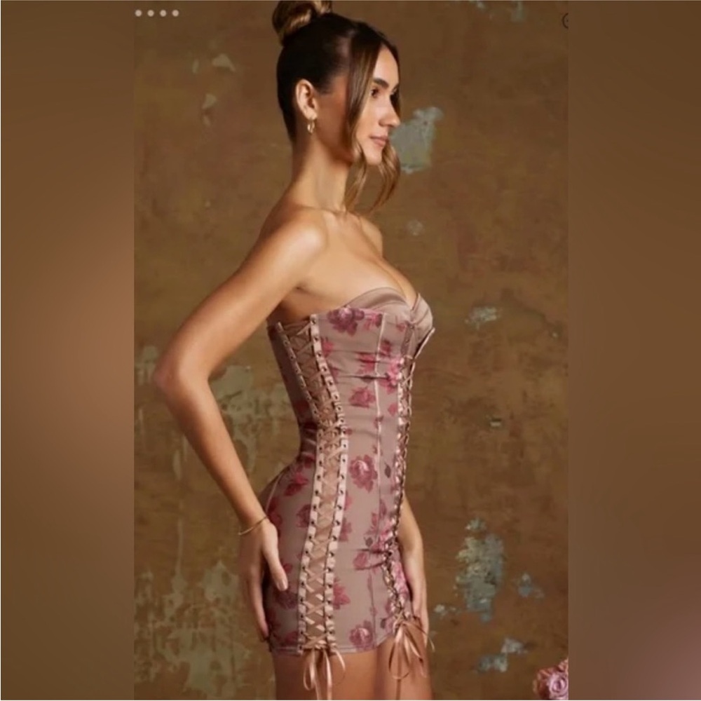 Oh Polly Strapless Floral Bodycon Dress - Pink and Brown